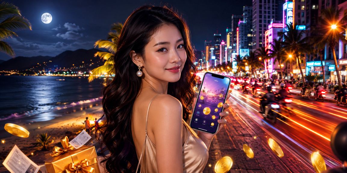 Bãi biển Côn Đảo thanh bình với người dùng xem thông tin khuyến mãi cashback trên điện thoại