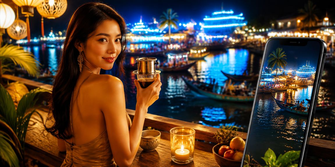 Người dùng Việt Nam thư giãn bên tách cà phê, kiểm tra điện thoại một cách thong thả